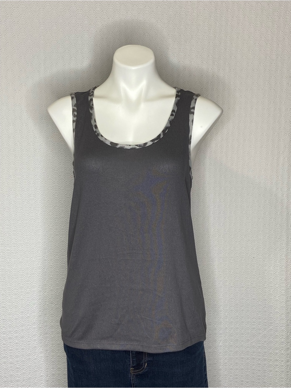 LUCKY BRAND Tank Top Animal Print Trim Leopard Cheetah Grey Medium